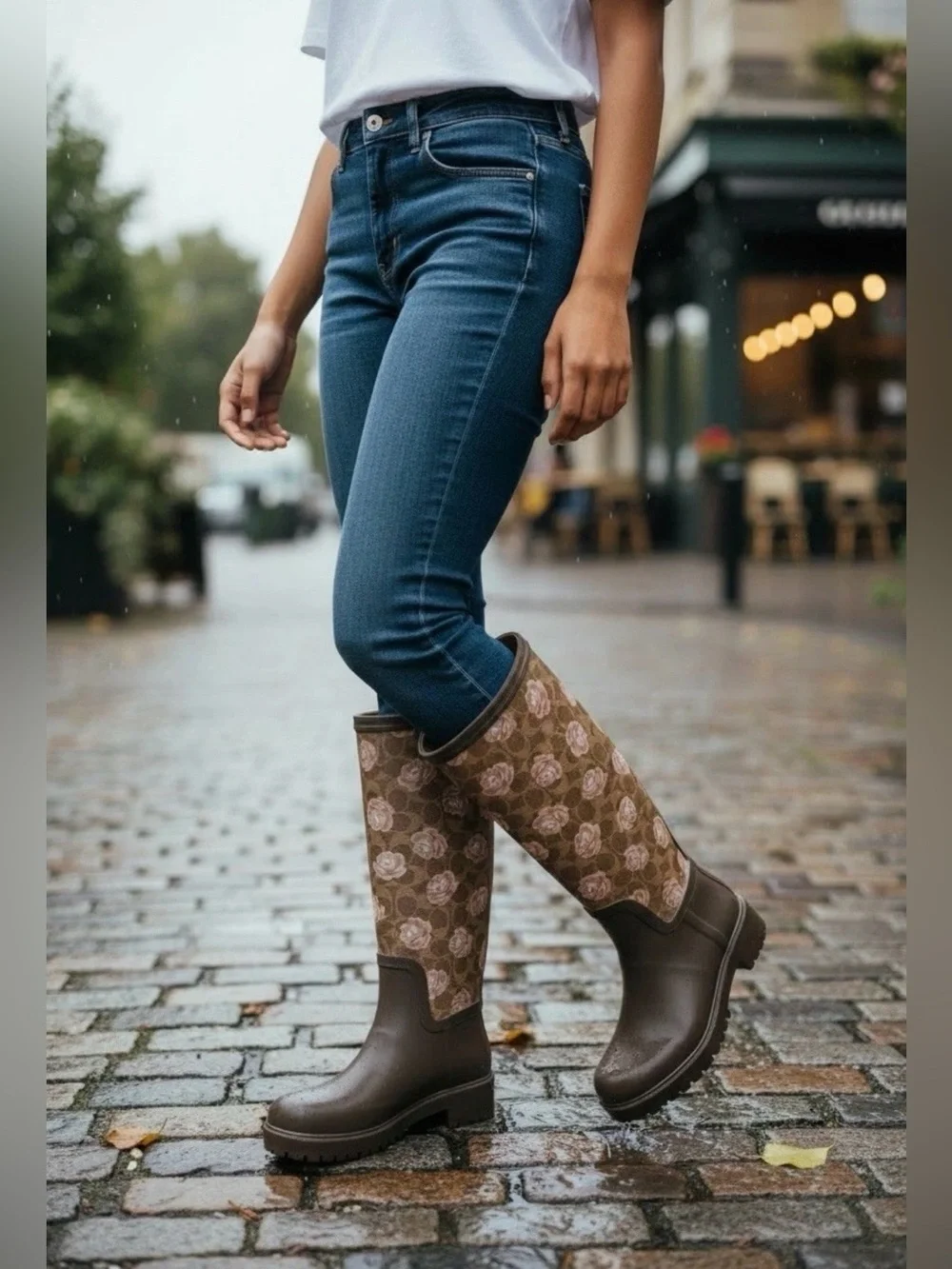 Coach Signature Rubber Rain Boots Tan Dark Brown Floral Pink Size 7B Worn Once.